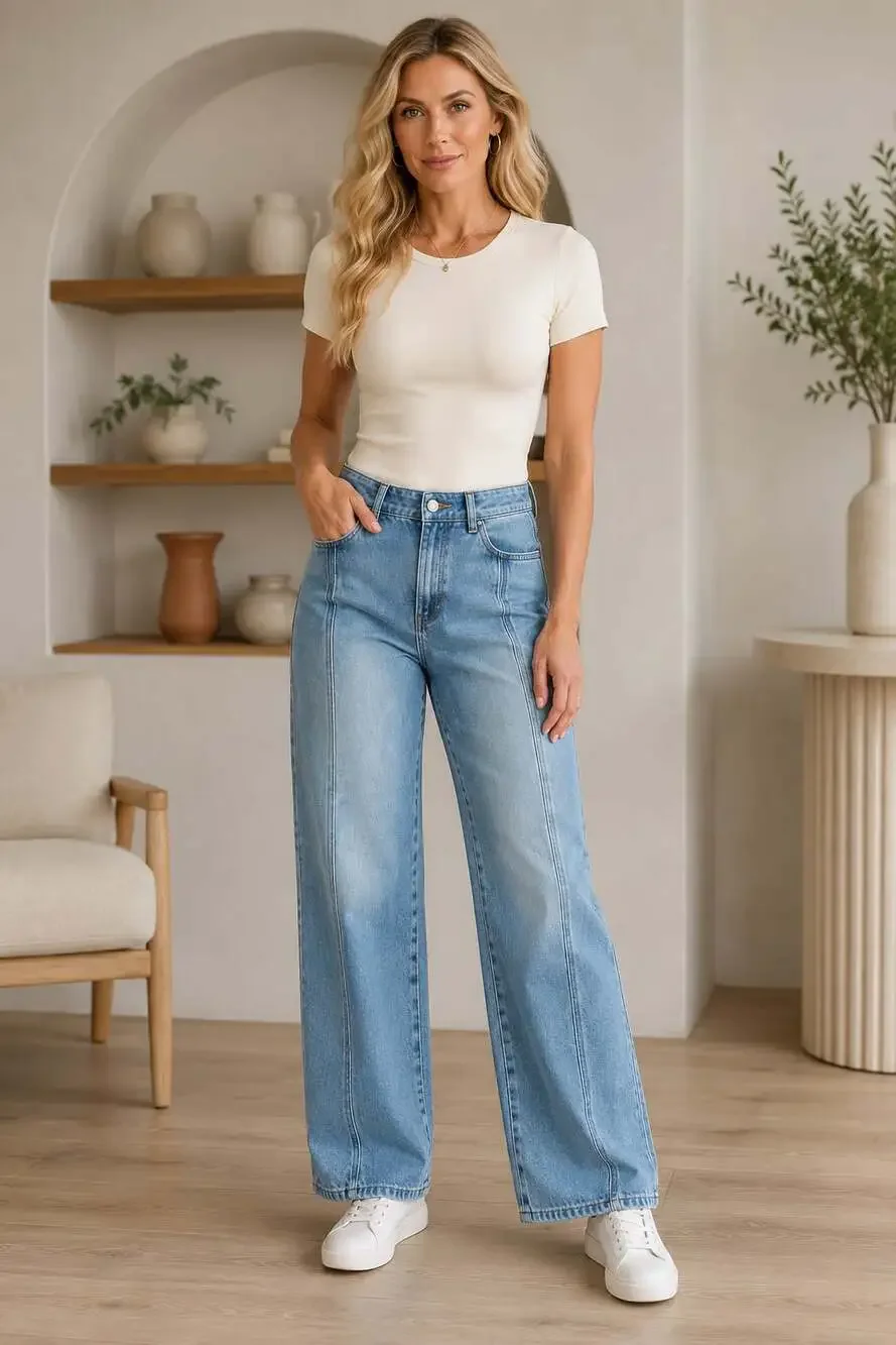 Miou Muse High Rise Wide Leg Jeans Blue Seam Front Denim Women’s Size Small